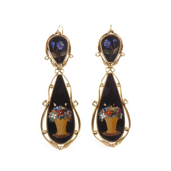 Pair of gold mounted pietra dura floral pendant earrings